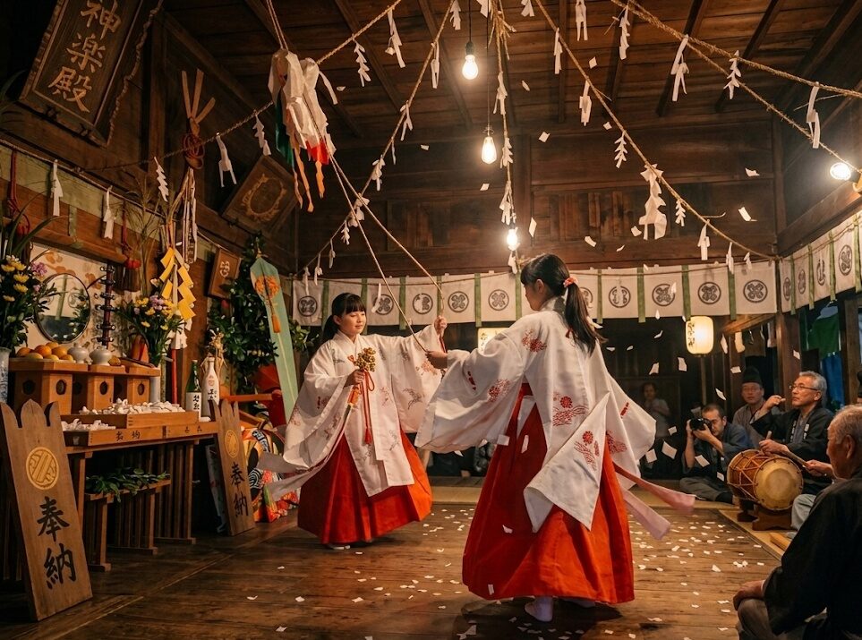 Two Miko dancers performing a mystical Kagura dance at a wooden shrine in Kyushu, Japan.